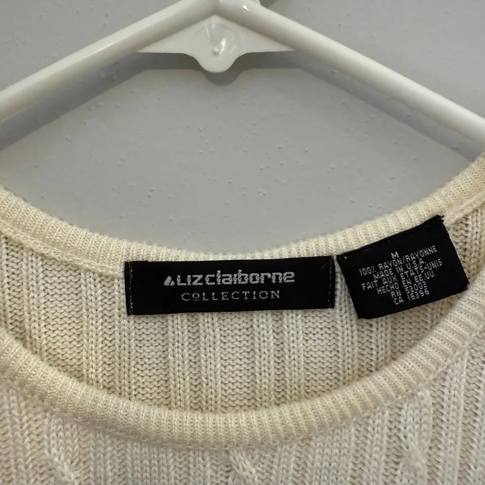 Liz Claiborne Sweater Womens Medium Cream‎ Rib Cable-Knit Short Sleeve Classic